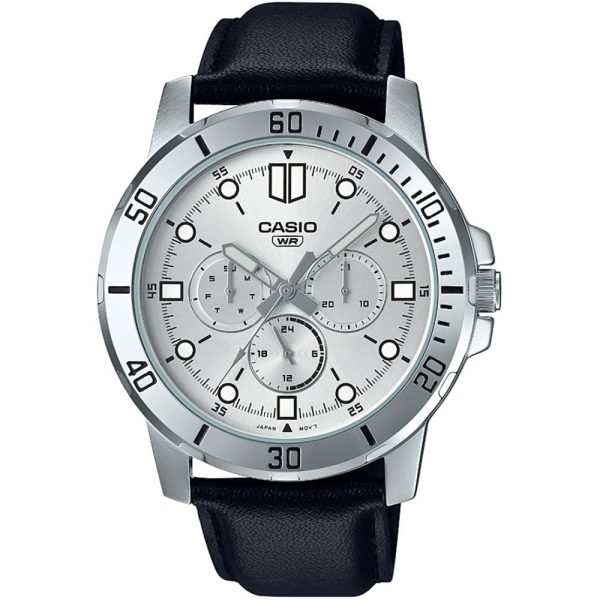 Casio MTP-VD300L-7E Multi Hands Black Leather White Analog Men's Dress Watch